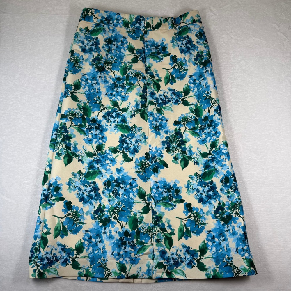 Tuckernuck Blue Hydrangea Floral A-Line Midi Skirt Cream Green High Waist NEW - Picture 11 of 12